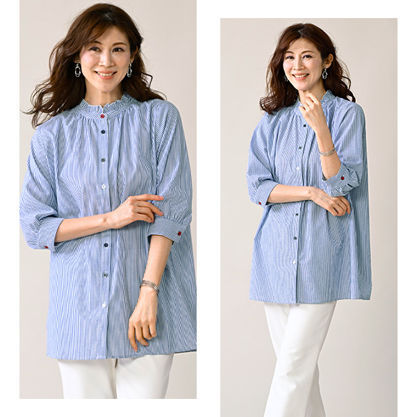 フリル襟 ストライプロングブラウス