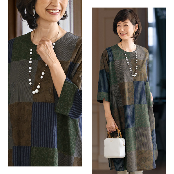 綿100％ パッチワーク風 プリントワンピース