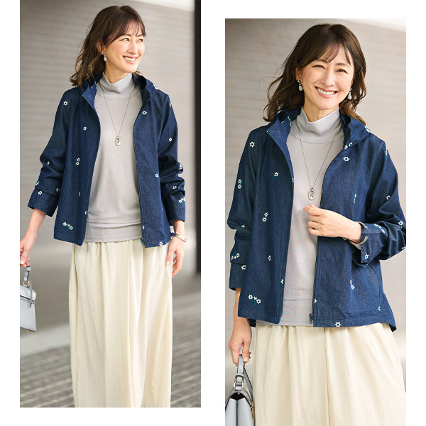 刺しゅう使い綿デニムブルゾンジャケット