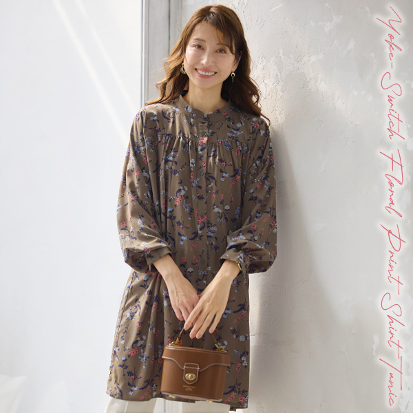 ヨーク切替え花柄プリントシャツチュニック