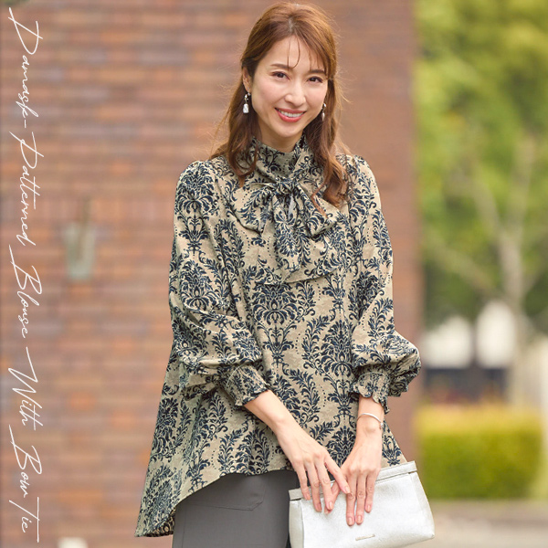 ボウタイ付ダマスク柄ブラウス