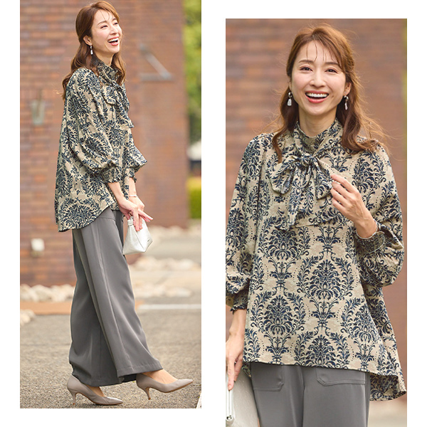 ボウタイ付ダマスク柄ブラウス