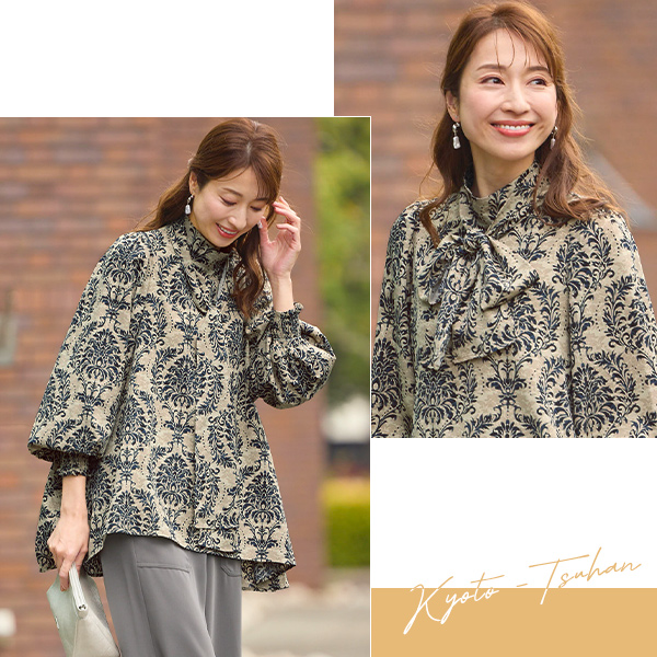 ボウタイ付ダマスク柄ブラウス