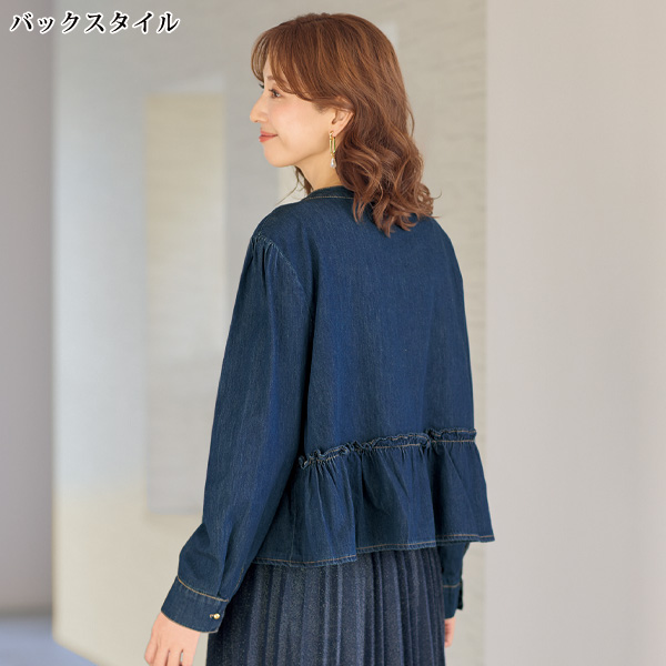 フリル付きデニムノーカラージャケット