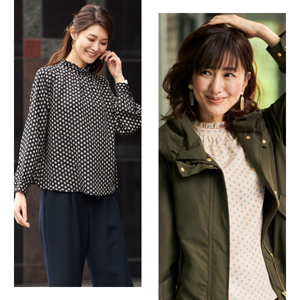 小紋柄フリル衿ハイネックブラウス◎