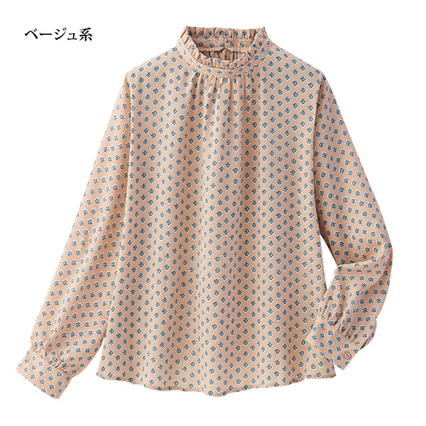 小紋柄フリル衿ハイネックブラウス◎