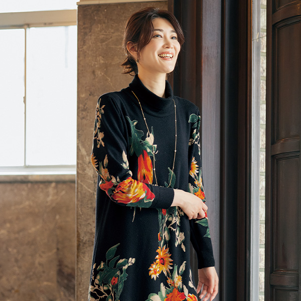花柄プリントニットワンピース